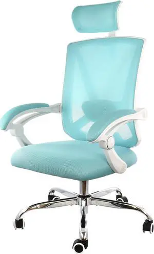 Elama Full Back Mesh Adjustable Office Chair with Headrest in Blue with White Frame