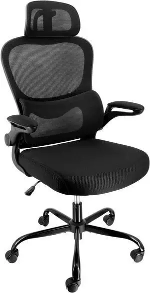 Elama High Back Adjustable Mesh and Fabric Office Chair in Black on Black with Metal Base and Adjustable Head Rest