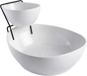 Gibson Gracious Dining 3 Piece 2 Tier Fine Ceramic Chip and Dip Serving Set in White