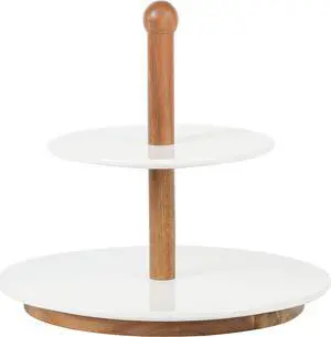 Gibson Home Gracious Dining 3 Piece 2 Tier Stoneware Server with Wooden Stand in White