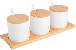 Gibson Gracious Dining 10 Piece Fine Ceramic Condiment Jars with Bamboo Lids and Spoons in White