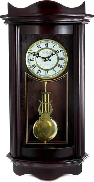 Bedford Clock Collection 25 Inch Chiming Pendulum Wall Clock in Weathered Chocolate Cherry Finish