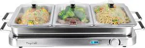 MegaChef 3-in-1 Electric Chaffing Buffet Server and Warming Tray with Triple 2.63 Quart Trays and 8.6 Quart Baking Pan MegaChef 3-in-1 Electric Chaffing Buffet Server and Warming Tray with Triple 2.63 Quart Trays and 8.6 Quart Baking Pan