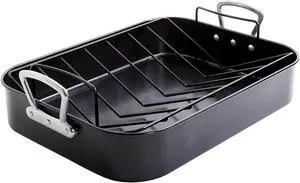 Broxton 2 pc 16.5" x 12.5" Turkey Roaster & V-Rack - Black - Xylan - French Handle - Carbon Steel - 0.6 mm -