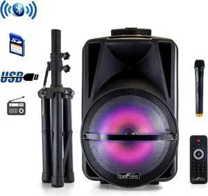 beFree Sound 12 Inch PA Bluetooth Rechargeable Portable Party Speaker with Reactive LED Lights and Stand