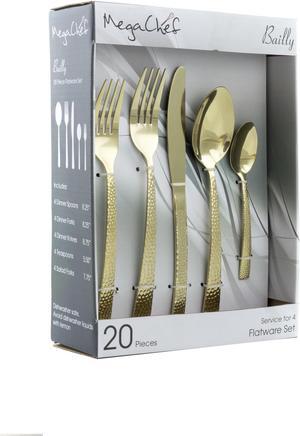 MegaChef Baily 20 Piece Flatware Utensil Set, Stainless Steel Silverware Metal Service for 4 in Light Gold