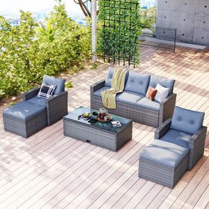 NEWHOME GO 6-piece All-Weather Wicker PE rattan Patio Outdoor Dining Conversation Sectional Set with coffee table wicker sofas ottomans removable cushions