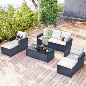 NEWHOME GO 6-piece All-Weather Wicker PE rattan Patio Outdoor Dining Conversation Sectional Set with coffee table Sofas Loveseats