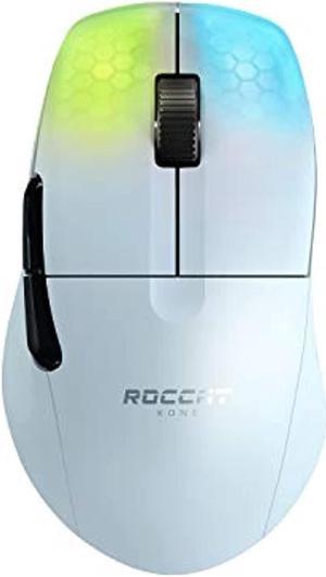 roccat kone pro air ergonomic performance wireless pc gaming mouse with 19k dpi optical sensor, aluminum scroll wheel, & aimo rgb lighting - white