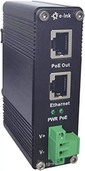 e-link hardened industrial gigabit poe+ injector, 12~48v input poe+ adapter, ieee802.3af/at 30w output up to 328ft, din-rail and wall-mount installation