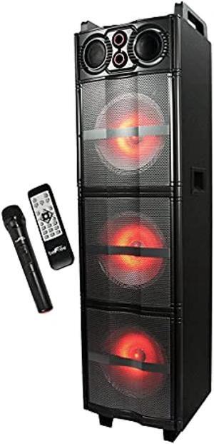 befree sound triple 10 inch portable bluetooth subwoofer speaker with party lights in black, fm radio, aux modes, 10 subwoofers, two top handles, rolling wheels, digital display