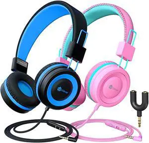 [2 pack] iclever kids headphones with microphone, safe volume limited 85db/94db -sharing splitter- wired headphones for kids boys girls, foldable headphones for online school/travel/ipad, black&pink