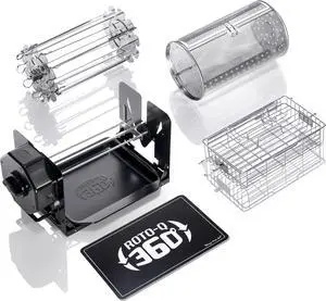 ROTO-Q 360 Family Bundle | Universal BLACK Non-Electric, Cordless Rotisserie with Basket, Flat Cage, Skewers & Mat | For Grills, Ovens, Smokers & BBQ