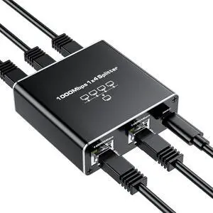 Ethernet Splitter 1 to 4, Vszerda 1000Mbps RJ45 Ethernet Cable Splitter with Power Cable