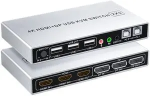 DP Plus HDMI KVM Switch for 2 Computers in 2 Monitors Out, Vszerda 4k@60hz Dual Monitor KVM Switch Support HDMI + DP in to HDMI + DP Out