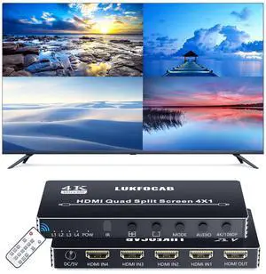 Vszerda HDMI Multi-Viewer 4X1, Seamless Switcher 4 in 1 Out, Quad Multi Viewer Switcher with IR Remote, Supports 4K 30Hz, 5 Display Modes for Security Camera, Gaming Consoles