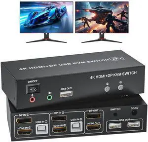 HDMI Displayport KVM Switch 2 Monitors 2 Computers, 4K@60Hz USB 2.0 DP 1.4 KVM Switch w/Audio Micro, Dual Monitor Supports Extended/Mirror Mode, 2-Port for 2 PC Share 1 Set of Keyboard Mouse Printer
