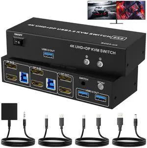 Vszerda Dual Monitor HDMI + DisplayPort KVM Switch 2 Monitors 2 Computers with 3 USB 3.0 Ports, Support 4K@60Hz Copy Extended Splicing Display, Wired Extension Button & 2 USB Cables Included