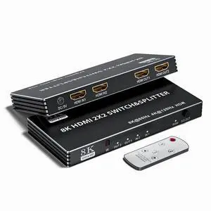 Vszerda 2x2 HDMI Switch Splitter, HDMI 2.1 Switcher 2 in 2 Out 8K@60Hz 4K@120Hz, w/IR Remote Control, Supports HDCP 2.3 HDR, HDR10, HDR 10+, 3D