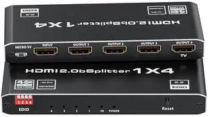 HDMI 2.0 Splitter 1 in 4 Out, Vszerda 1x4 HDMI Splitter 4K@60Hz 8:8:8 HDR, HDMI 2.0, HDCP 2.2, 18Gbps, Auto EDID, Supports UHD 3D D-o-l-b-y 4 Ports Mirror Mode and Multichannel Audio Streams HDMI 2.0 Splitter 1 in 4 Out, Vszerda 1x4 HDMI Splitter 4K@60Hz 8:8:8 HDR, HDMI 2.0, HDCP 2.2, 18Gbps, Auto EDID, Supports UHD 3D D-o-l-b-y 4 Ports Mirror Mode and Multichannel Audio Streams