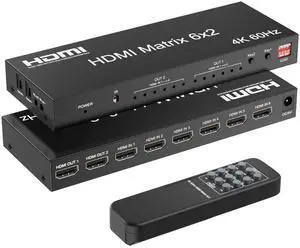6x2 HDMI 2.0 Matrix Switch Splitter, 6 in 2 Out HDMI Matrix Switcher Selector Supports 4K@60Hz 18Gbps UHD HDR HDCP 2.2, with Remote Control & Optical SPDIF 3.5mm Audio Extractor, EDID Management