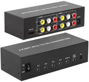4 Port AV to HDMI Converter 1080P, Fit for RCA/Composite/CVBS to HDMI Converter Adapter, Support 16:9/4:3 Switch, Compatible with Wii N64 PS1 PS2 PS3 VHS VCR DVD Players etc (with Remote)