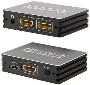 8K HDMI 2.1 Splitter 1 in 2 Out, 1x2 HDMI Splitter Support 8K@60hz, 4K@120hz, EDID, 48Gbps, 3D, HDR 10+, HDCP2.3, Dolby Vision, 3.5mm Audio Output, Mirror Dual Monitors for PS5 SkyQ Xbox NVIDIA AMD NS