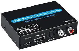 Vszerda HDMI Audio Extractor Converter, 4K@60Hz Audio Adapter with Optical SPDIF + 3.5mm Stereo + Analog RCA L/R Audio Adapter, HDMI ARC Converter Supports 5.1 HDCP 2.2 HDR 18Gbps, for PS5 Xbox HDTV