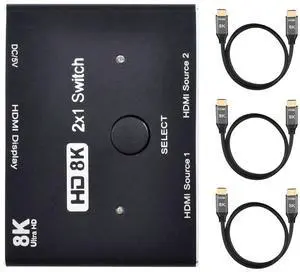 Vszerda HDMI Ultra-HD Converter 8K@60hz Compatible 2.1 Switch 2-IN-1-OUT UHD Hub Support HDCP SST Extended 4K@60hz with 3 HDMI 2.1 Cables