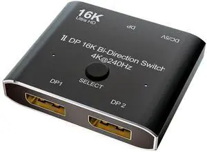 Vszerda DisplayPort 16K Switch Splitter HUB 2 in 1 Out Support Bi-Direction Display HDCP SST 16K@60hz 4K@240hz Convertor
