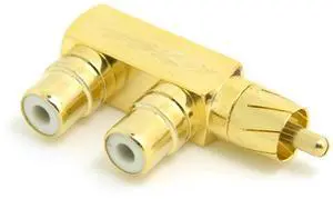 Vszerda AV Audio Splitter Plug RCA Adapter 1 Male to 2 Female F Connector Gold Plated 90 Degree Angled Type