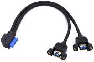 Vszerda 2 Ports USB 3.0 Female to Motherboard 20Pin Male Cable for Front Panel Screw Mount Type 30cm 90 Degree Left Angled