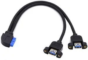Vszerda 2 Ports USB 3.0 Female to Motherboard 20Pin Male Cable for Front Panel Screw Mount Type 30cm 90 Degree Right Angled