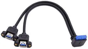 Vszerda 2 Ports USB 3.0 Female to Motherboard 20Pin Male Cable for Front Panel Screw Mount Type 30cm 90 Degree UP Angled