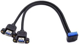 Vszerda 2 Ports USB 3.0 Female to Motherboard 20Pin Male Cable for Front Panel Screw Mount Type 30cm 90 Degree Down Angled