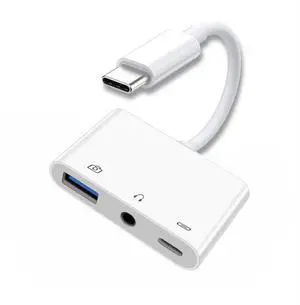 Vszerda 3 in 1 USB C to 3.5mm Audio AUX & USB 2.0 Socket OTG Adapter with PD 15W Charge for Laptop Tablet Phone