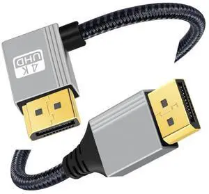 Vszerda DisplayPort 1.2 Cable, DisplayPort to DisplayPort 90 Degree Right Angled 4K@60Hz 2K@144Hz High Speed Gold Plated Braided Cable 2.0M
