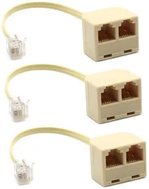 Vszerda Two Way Telephone Splitters, RJ11 6P4C Male to Female Converter Cable, Telephone Wall Adaptor for Landline (Beige,3 Pack)