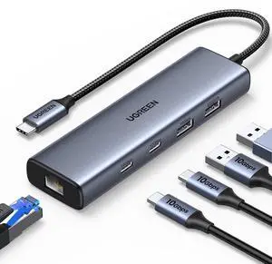 UGREEN USB C to Ethernet Adapter, 10Gbps Data Port 6-in-1 Hub Ethernet with 2*USB-C 3.2, USB-A 3.2/2.0, Gigabit RJ45, Power Port (Only for Adapter), Type C to Network Dongle for Laptop, MacBook, XPS