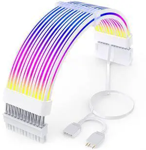 Vszerda 24 Pin RGB PSU Cables,ARGB PC Cable for Motherboard Power Supply Extension - 5V 3Pin Addressable Four Sides Lighting RGB Strips Decor Computer Case White