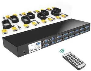 MT-VIKI 16 Port KVM Switch, 16X1 Rackmount KVM Switch VGA, Included 16 KVM Cables & IR Remote, Fit 1U 19'' Rack