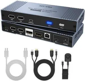 MT-VIKI 4K Hybrid Type USB C HDMI KVM Switch 2 Port, 4K@60Hz for Apple MacBook & Desktop PC + 65W PD+ Cables