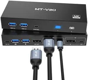 MT-VIKI 8K Displayport KVM Switch 2 in 1 Out DP1.4 with 4 USB 3.0 Ports, Support 8K@60Hz 4K@144Hz Share 1 Monitor Keyboard Mouse U-Disk Printer, with 2 USB A to C Cables