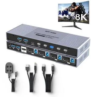 MT-VIKI 4K@120Hz/144Hz USB 3.0 HDMI KVM Switch 4 Port 8K@60Hz, Aluminum KVM Switch HDMI 2.1, HDR for Games (4 USB 3.0 Cable Included)