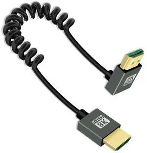 Vszerda 8K Down Angle HDMI Coiled Cable 2.2FT, 270 Degree Short HDMI to HDMI Cable, Spring Spiral HDMI 2.1 Cable 8K@60Hz,48Gbps,for Camera/TV/Capture Cards/Tablet