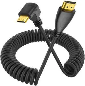 Vszerda 90 Degree Mini HDMI Coiled Cable Mini HDMI Male to HDMI Male Stretch Coiled Cord for Cameras, DSLRs, Camcorders, Portable Screens and Monitors (Down Angle)