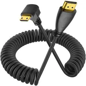 Vszerda 90 Degree Mini HDMI Coiled Cable Mini HDMI Male to HDMI Male Stretch Coiled Cord for Cameras, DSLRs, Camcorders, Portable Screens and Monitors (Up Angle)