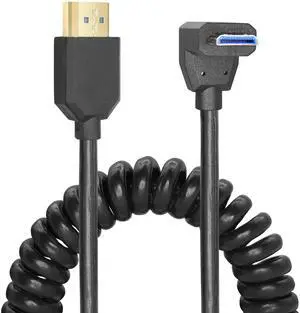 Vszerda Coiled HDMI Cable Right Angled 8K 48Gbps HDMI 2.1 Mini HDMI to HDMI Male Telescopic Cable High Speed (Up Angle)