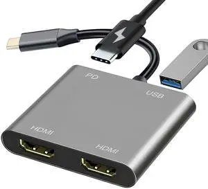 USB C to Dual HDMI Adapter for Monitor, USBC Laptop Docking Station Dual Monitor Dongle MacBook, USB-C Hub Powered Mac, USB 3.0 to USB C Adapter Cable with Fast Charging Chromebook, Type C Dock