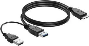 Vszerda 3FT USB 3.0 Dual Power Y Shape Hard Drive Cable USB 3.0 Type A Male to Micro B 5 Gbps Data Transfer Cord with Extra Power for SSD HDD, Black